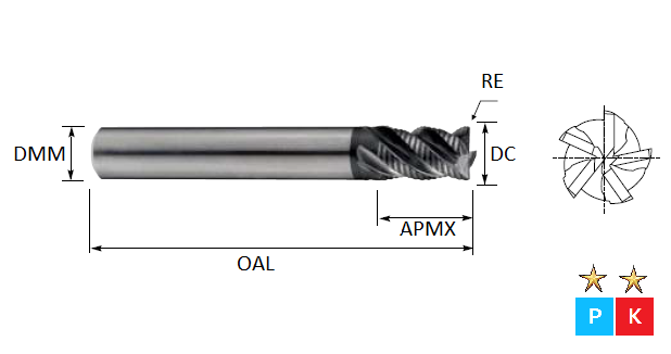 20.0mm 5 Flute (1.0mm Radius) Standard Roughing Pulsar DMX Carbide End Mill (Flatted Shank)